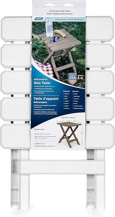 Camco Adirondack Style Folding Plastic Large Table with Footrest Design and Easy to Setup Construction for Indoor or Outdoor Use, White