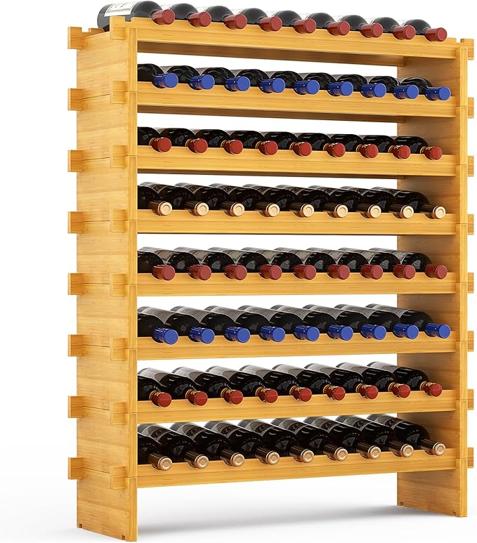 Bamboo Wine Rack Stackable, 8-Tier 72 Bottles Large Capacity, Modular Wine Storage Rack Free Standing, Floor Wine Display Shelf