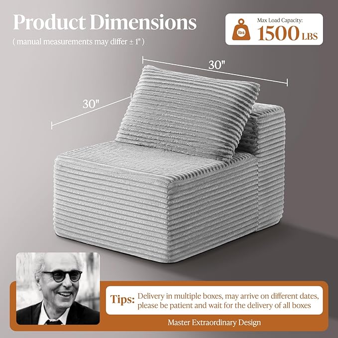 30" Cloud Sectional Couch Single Seat for Living Room, Extra Deep Seats No Assembly, Minimalist Modular Couch, Corduroy (Light Grey, Single seat)