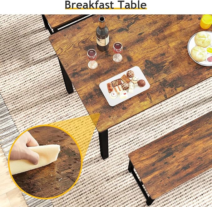 Rovibek 43" Dining Room Table Chairs Set for 4, Modern Space Saving Kitchen Table with 2 Benches & Adjustable Feet Breakfast Table, Wooden Industrial Style Farmhouse, Brown