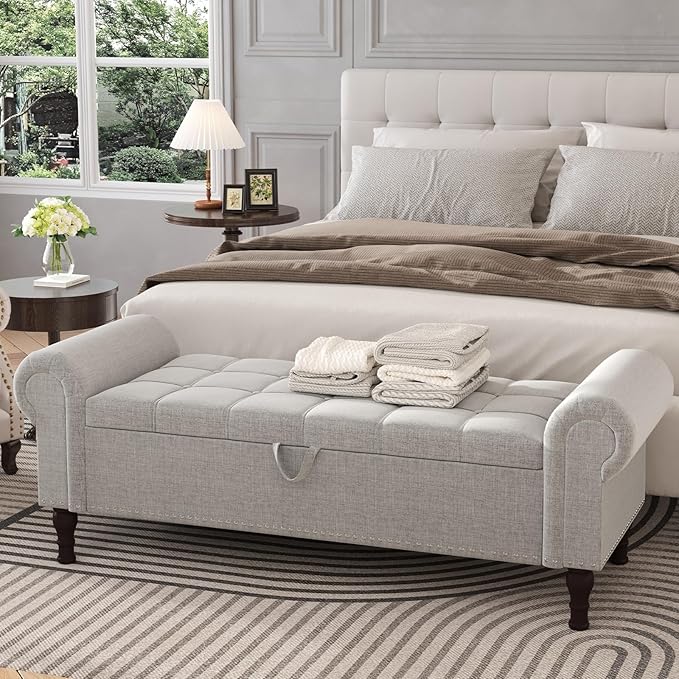 Apicizon 51” Bench with Storage, Upholstered Tufted Button Bedroom Bench with Storage, Linen Ottoman Bench for Bedroom, Living Room, Entryway, Light Gray