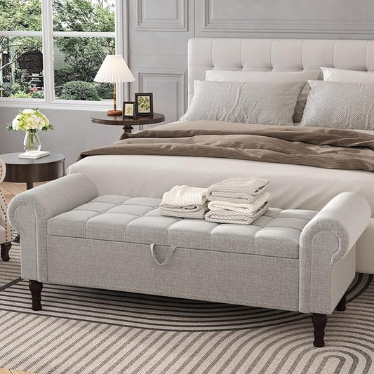 Apicizon 51” Bench with Storage, Upholstered Tufted Button Bedroom Bench with Storage, Linen Ottoman Bench for Bedroom, Living Room, Entryway, Light Gray