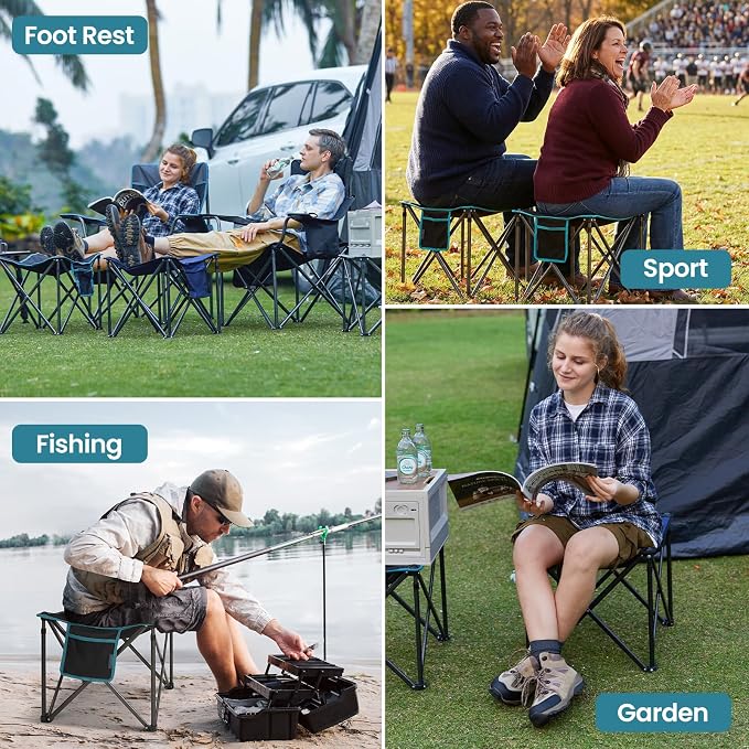 FUNDANGO Oversized Camping Stool for Adults, 2 Pack Thick Padded 18.1 Inch Folding Ottoman Foot Rest, 440 Lbs Heavy Duty Outdoor Camp Chairs with Anti-Slip Foots & Carry Bag for Fishing Travel (Blue)