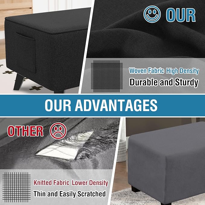 H.VERSAILTEX Ottoman Cover Rectangle Fit Length 43"-44" Footrest Linen Look Ottoman Slipcovers Thick Ottoman Covers Slipcover Rectangle Slipcovers for Ottomans Sturdy Foot Stool Cover - Heather Black