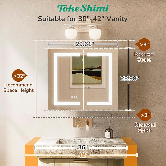 TokeShimi 30x26 Led Medicine Cabinet with Lights 3 Color Dimmable and Defogger, Lighted Medicine Cabinet Mirrored with Outlet Surface or Recessed, Bathroom Mirror with Storage, Adjustable Shelves