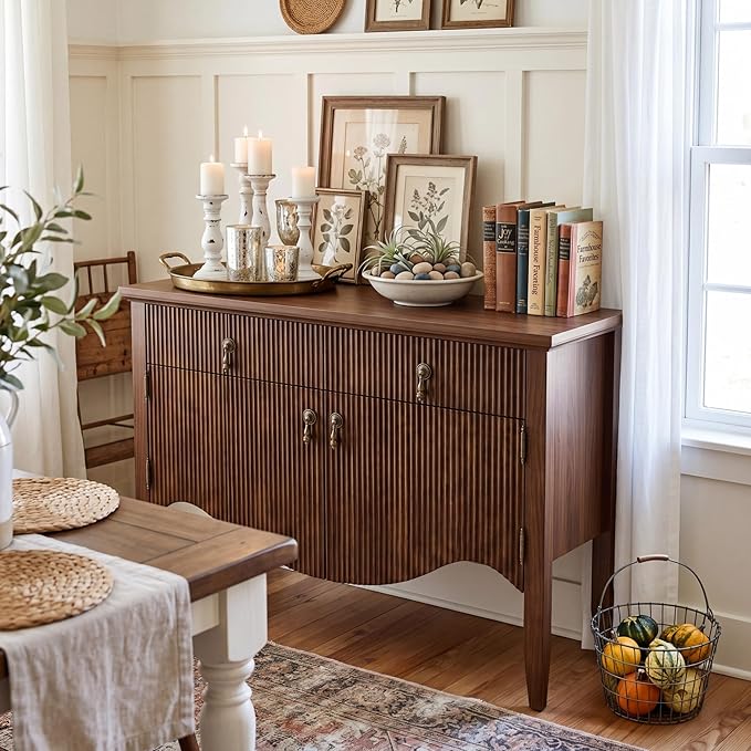 FUSUNBAO 40" Retro Buffet Cabinet with Storage, Fluted Sideboard Credenza with Drawer, Accent Bar Cabinet for Living Room Furniture, Coffee Bar or Entryway, Dining Room, Walnut