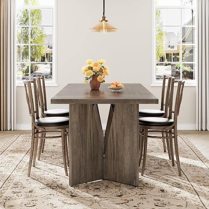 GarveeHome 70.9'' Rectangular Dining Table for 6-8, Wooden Thickened Long Desk, Farmhouse Kichen Table with Sturdy Frame and M-Shaped Legs, for Dining Room, Kitchen, Living Room, Office, Grey