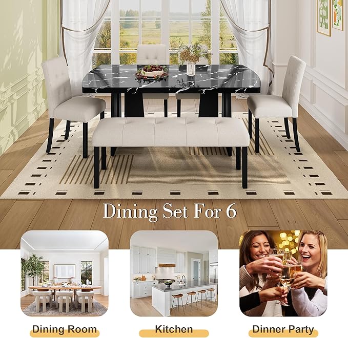 Merax 6-Piece Dining Table Set for 6, Modern Faux Marble Oval Kitchen Tabletop with Four Upholstered Chairs and One Bench for Dining, Living Room, Kitchen, Easy Assembly, Black+ Beige