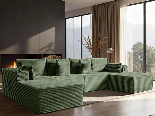 138" Cloud Sectional Couch, Comfort U Shaped Boneless Couch for Living Room, Extra Deep Seats No Assembly, Minimalist Modular Sofa, Corduroy (Olive Green, 3 Seater+Left Facing Chaise+Ottoman)