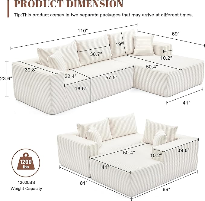 Mangodan 110” Cloud Sectional Couch, Boneless Sofa for Living Room, Modular Sectional Sofa with Deep Seat, Comfy Fluffy Couch with L-Shaped Chaise, No Assembly Required, Beige
