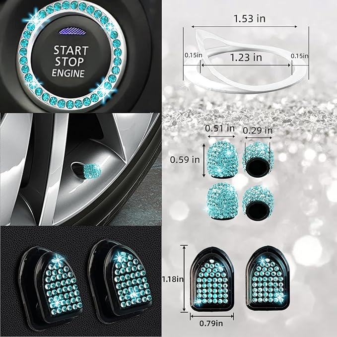 NBTEPEM 27 PCs Aquamrine Bling Car Accessories Set for Women, Steering Wheel Covers Universal Fit 15 Inch, Bling License Plate Frame, Bling Phone Holder, Bling Car Coasters (Aquamrine Diamond)
