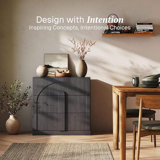 BELLEZE Sideboard Cabinet with 3 Drawers, Modern Wood Buffet Cabinet with Arc Design, Large Fluted Sideboard with Storage for Dining Room Living Room Entryway, Ebony