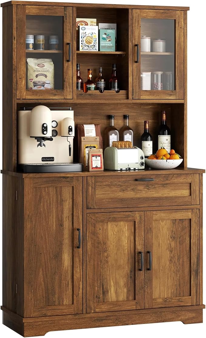Vongrasig Tall Kitchen Pantry Storage Cabinet, Modern Pantry Cabinet with Hutch and Microwave Stand, Modern Kitchen Coffee Bar Hutch with Shelves for Dining Room, Brown