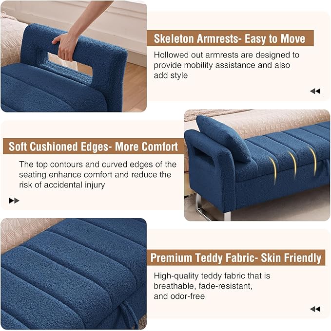 66'' End of Bed Bench with Storage for Bedroom King Size, Long Bedroom Benches for Foot of Bed King, Teddy Storage Bed Bench with Armrest & 2 Pillows for Entryway, Navy Blue