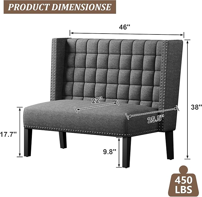 Andeworld Modern Loveseat Settee Bench Sofa Couch, Upholstered Banquette Dining Bench with Back for Dining Living Room Hallway or Entryway Seating,Slate