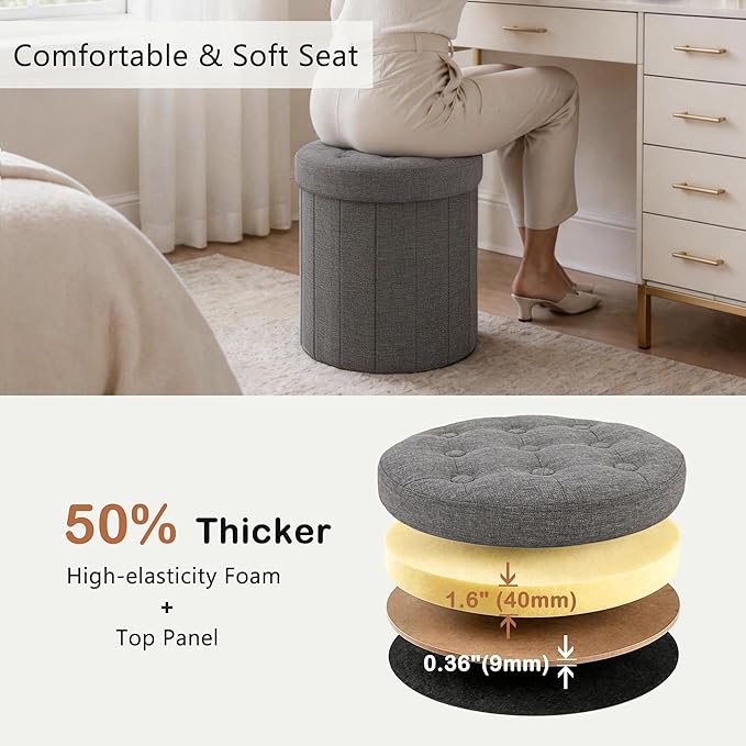 CAROLMADE Round Storage Ottoman,Linen Folding Footrest Stool with Thicker Foam Padded Seat,Versatile Vanity Stool for Living Room,Bedroom or Dorm,Grey