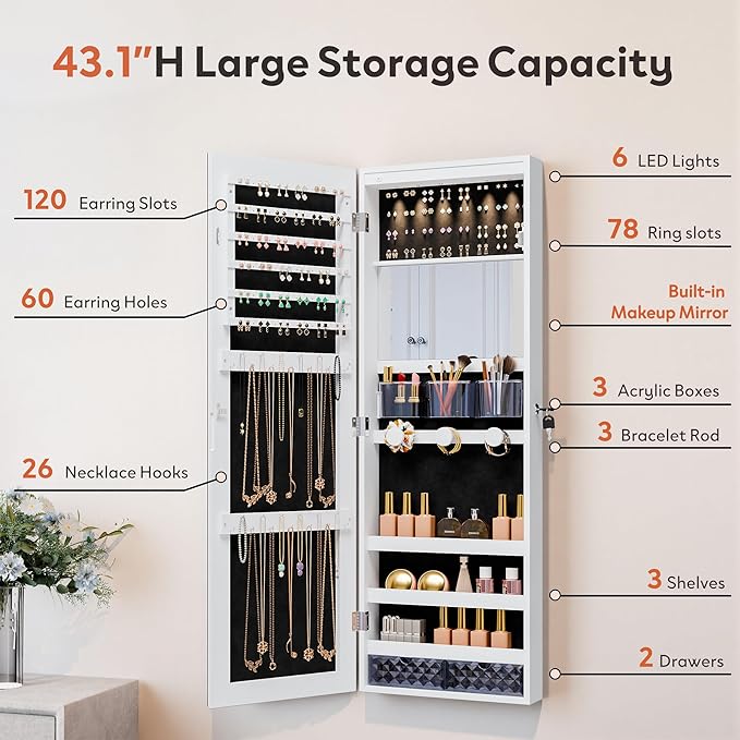 Unisakey Mirror Jewelry Cabinet,Lockable Wall or Door Mounted Jewelry Armoire Organizer With Built-up Mirror,LED Lights, Drawers,Cosmetic Trays,Shelves, 14.4"x3.15"x 43.1"（White）