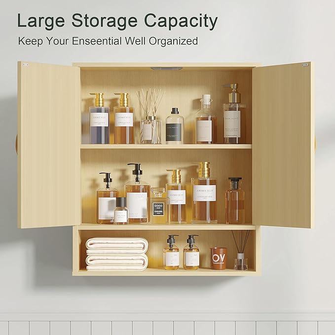 VECELO Rattan Bathroom Wall Cabinet, Medicine Cabinets with Adjustable Shelves, Wall Mounted Above Toilet Storage Organizer for Bathroom, Kitchen, Entryway