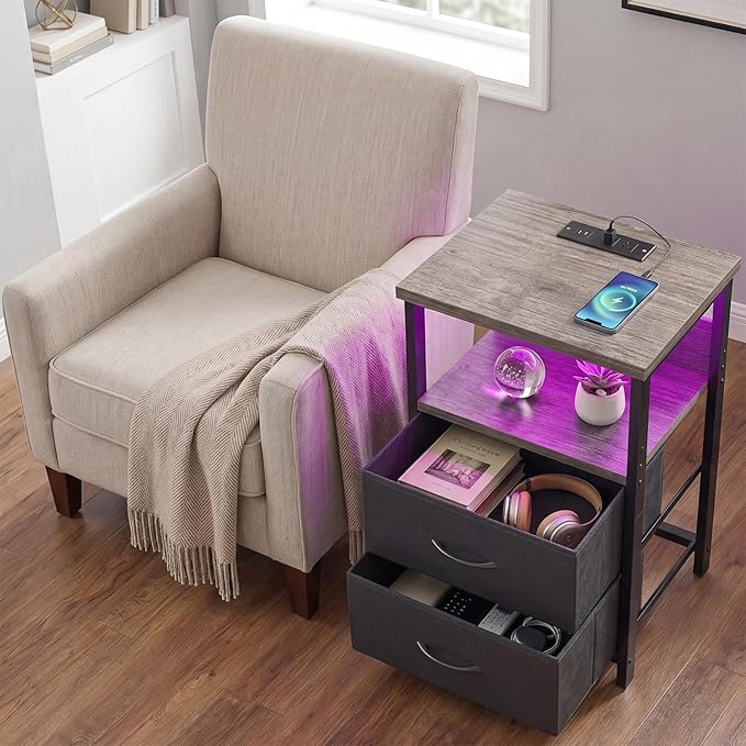 Fixwal Night Stand with Charging Station, LED Nightstand with U-S-B Ports and Outlets, 2 Fabric Storage Drawers with PU Finish, Bed Side Table, French Oak