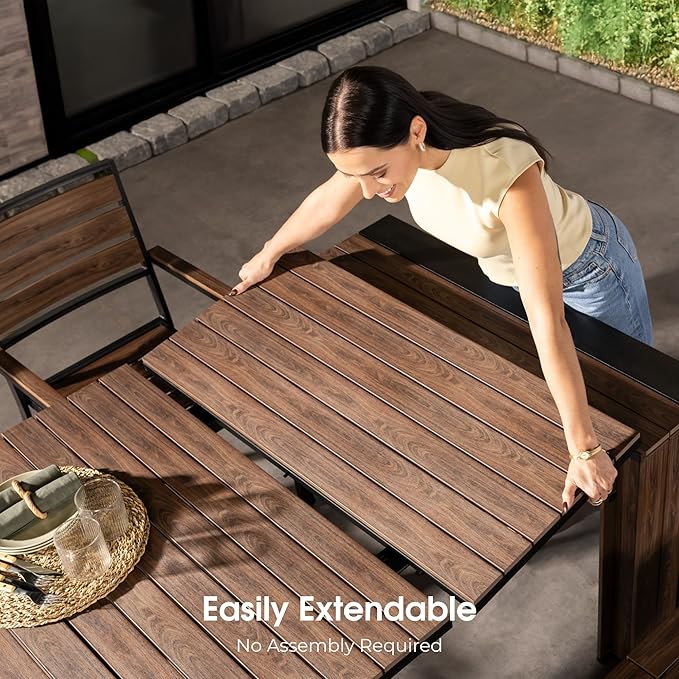 Transformer Table - Extendable Outdoor Dining Set, up to 12 Seats, Expandable Patio Table, Weather-Resistant Patio Furniture, Dark Walnut, Brown (Table + Bench + 4 Chairs + Umbrella)
