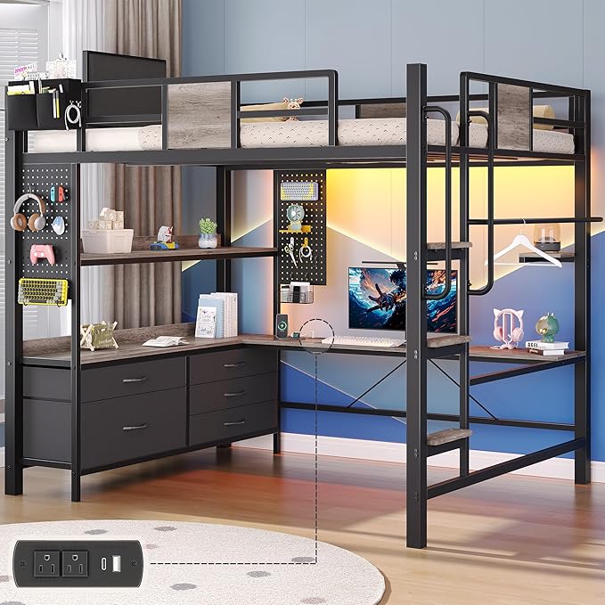 busyaeh Loft Bed Full Size with 5 Drawers & 3 Open Shelves and Charging Station，Full Size Loft Bed with Desk & LED Lights and Thickened Tread Stairs,Loft bed Space-Saving,No Box Spring Needed,Oak Gray