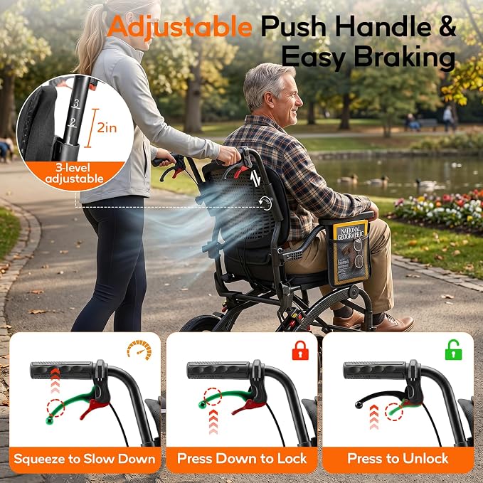 SOFTFISH Transport Wheelchair with Ergonomic Design & Pull Rod, Wheelchairs for Adults with Adjustable Push Handles & Footrests, 12” Rear Wheels, Flip-Back Armrests, Carbon Fiber Aluminum Frame