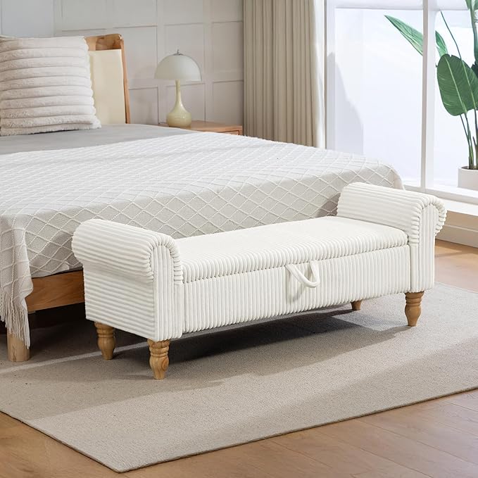 51.5" Bench for End of Bed Storage Benches, Queen End of Bed Bench Corduroy Upholstered Storage Ottoman Window Bench with Storage, for Bedroom, Entryway, Closet, White