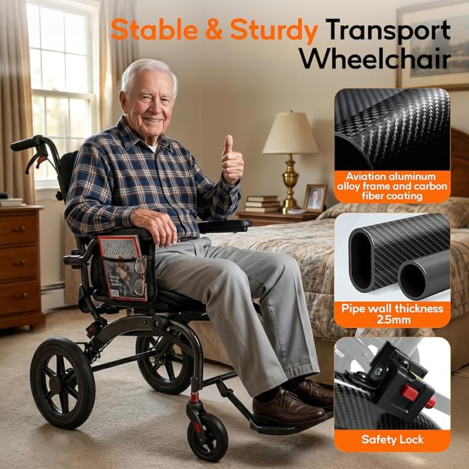 SOFTFISH Transport Wheelchair with Ergonomic Design & Pull Rod, Wheelchairs for Adults with Adjustable Push Handles & Footrests, 12” Rear Wheels, Flip-Back Armrests, Carbon Fiber Aluminum Frame