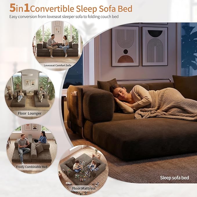 78.8" Convertible Sofa Bed with Armrest Pillow, 4-in-1 Sleeper Couch Bed for Livingroom, Modular Corduroy Boneless couches, No Assembly (Brown)