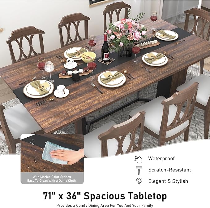 Hlivelood 70Inch Large Dining Table for 4 6 People,Wooden Rectangular Kitchen Table W/Waterproof Tabletop,Large Rectangle Furniture W/Adjustable Legs,Brown Dinner Table for Kitchen Dining Room(71IN)