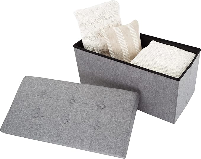 Lavish Home 30 Inch Collapsible Storage Ottoman Bench – Foldable Tufted Linen Bedroom Bench with Hidden Storage, Upholstered Footrest for End of Bed or Living Room (Light Gray)