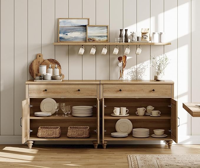 WAMAPT Oak Buffet Cabinet with 6 Doors and 3 Drawers, Large Coffee Bar Table Wood Kitchen Storage Cabinets, Modern Farmhouse Sideboard Credenza for Dining Room, 101 inch
