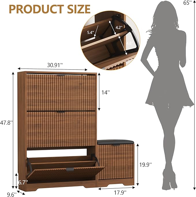 HUANLEGO Shoe Cabinet Storage for Entryway with 4 Flip Drawers, Walnut Fluted Shoe Cabinet with Bench, Wooden Hidden Shoe Rack Freestanding Narrow Slim Shoes Storage Organizer for Hallway, Entrance