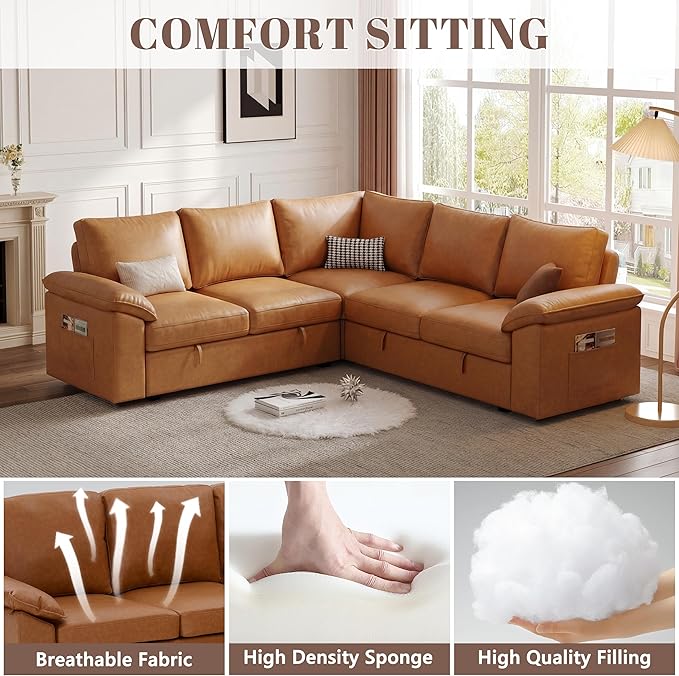 85 Inch Faux Leather Modular Sectional Sofa with Pull Out Bed, L Shaped 5 Seat Sectional Sleeper Sofa with Storage, Sectional Couches for Living Room, Cloud Modular Couch,Brown Leather