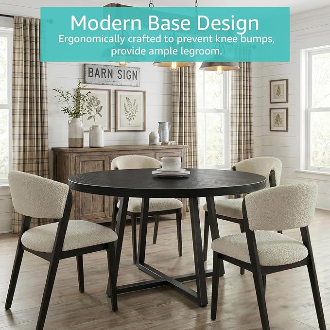 NUTIKAS 42 Inch Round Dining Table for 4, Modern Black Wood Grain Kitchen Table with Cross Metal Legs, Circular Industrial Dinner Table for Small Spaces, Breakfast Nook, Apartment, Office
