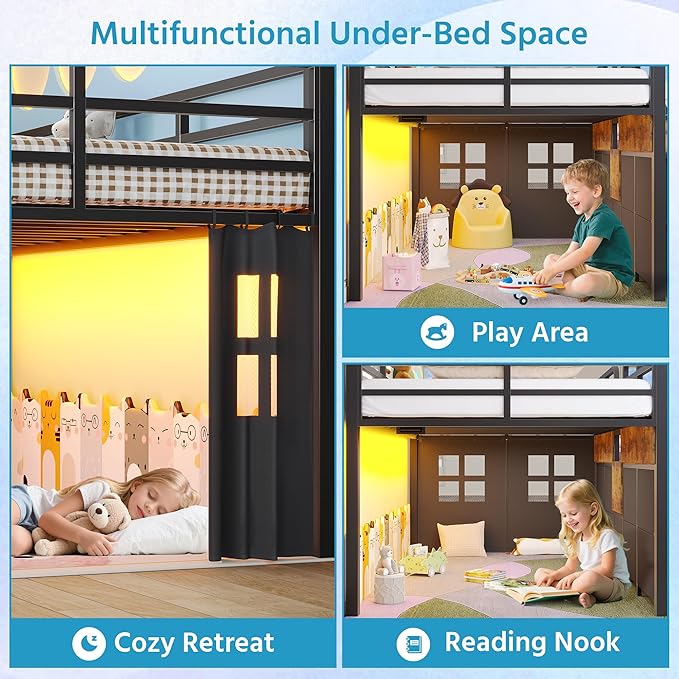 Dnxao Low Loft Bed Twin Size with 9 Drawers and Bookcase, Metal Twin Bed Frames for Kids with Under-Bed Play Space, LED Lights and Charging Station Bedroom Storage, Vintage Brown