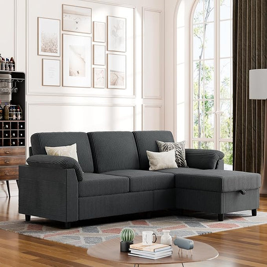 Vongrasig Convertible Sectional Sofa Couch, 3 Seat L Shaped Sofa with Removable Pillows Soft Corduroy Fabric Small Couch Mid Century for Living Room, Apartment and Office (Gray)