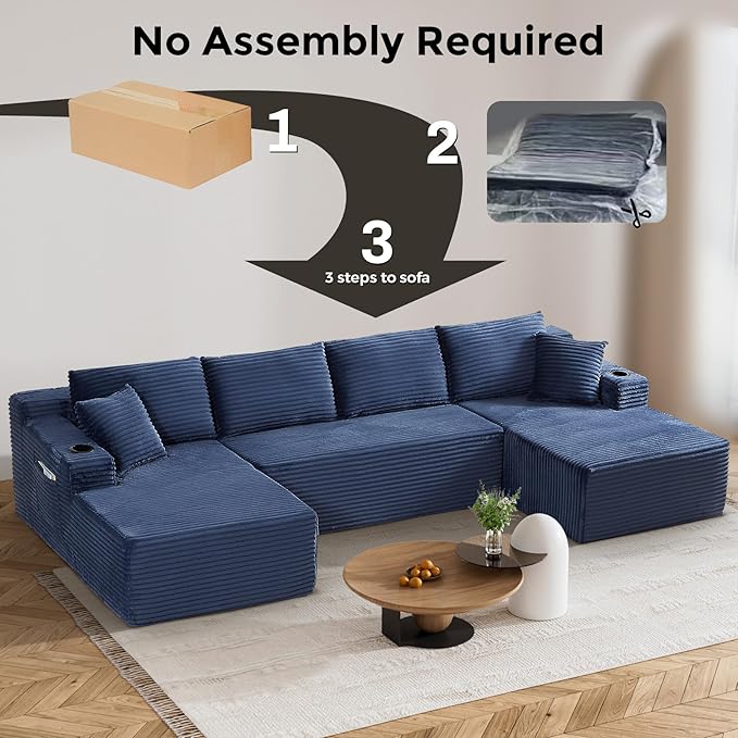 133" Oversized Cloud Boneless Sofa Couch with Chaise, Modern Corduroy U Shaped Modular Sectional Sofa with Deep Seat, Comfy Couch with Cupholders and Storage, No Assembly Required-Blue