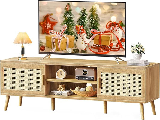 SUPERJARE Boho TV Stand for 65 Inch TV, Entertainment Center with Adjustable Shelf, Rattan TV Console with 2 Cabinets, Media Console, Solid Wood Feet, 4 Cord Holes, for Living Room - Natural