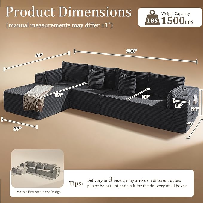 138" Oversized Cloud Sectional Couch, Comfort L Shaped Boneless Couch for Living Room, Extra Deep Seats No Assembly, Minimalist Modular Sofa, Corduroy (Dark Grey, 3 Seater+Left Facing Chaise)