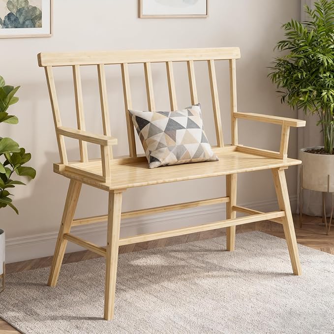 Dining Bench for Kitchen & Dining Room – Bamboo Wood Bench with Spindle Back & Armrests, Farmhouse Entryway Bench, Indoor Bedroom Bench, Versatile Entry Bench & Outdoor Bench Seating（Natural with Arm）