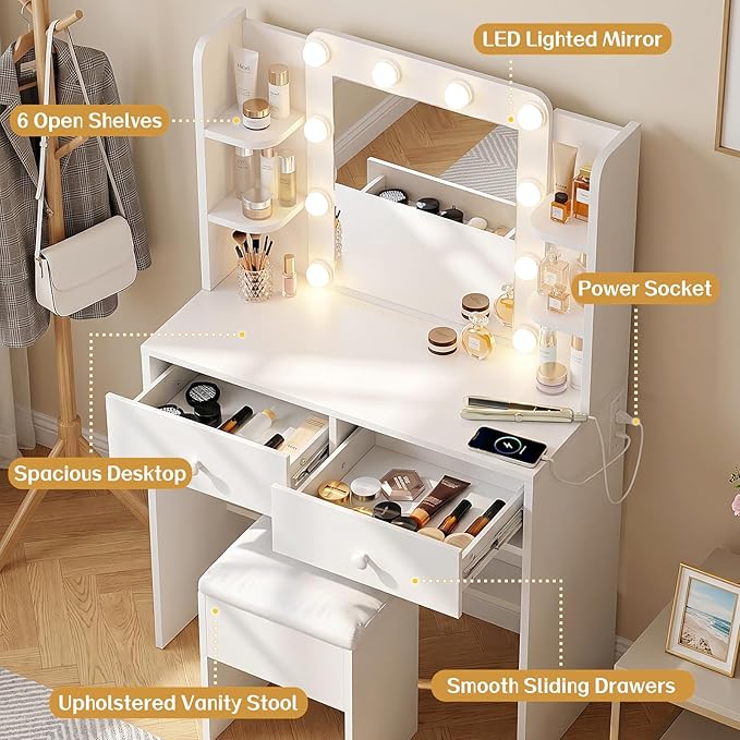 FUXA Makeup Vanity Desk with LED Mirror and Charging Station, Vanity Table Set with Storage Drawers, Shelves and Chair, Dressing Table with 3 Lighting Modes for Bedroom, White
