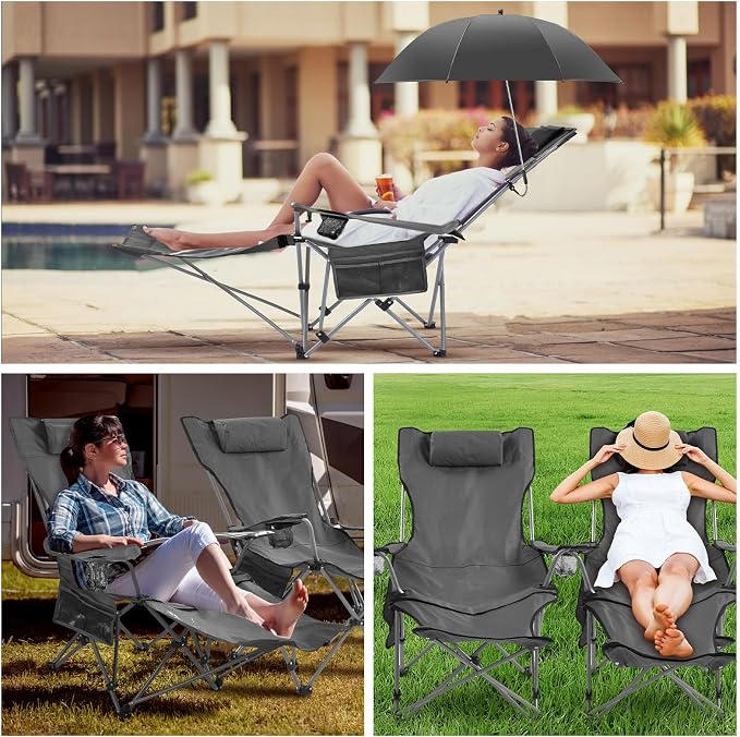 Yuntau 2 Set Reclining Beach Chairs with UPF 50+ Umbrellas Shade, Upgraded Heavy Duty Portable Folding Lounge Camping Chair with Canopy Removable Footrest & Headrest for Outdoor Patio(Black)