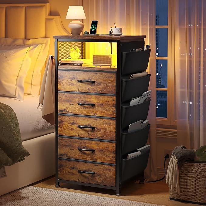 EnHomee Night Stand with 5 Drawers, Dresser with Charging Station and LED Light, Tall Nightstand with Extra Side Bag & Hooks, Bedroom, Closet, Hallway, Entryway, Rustic Brown