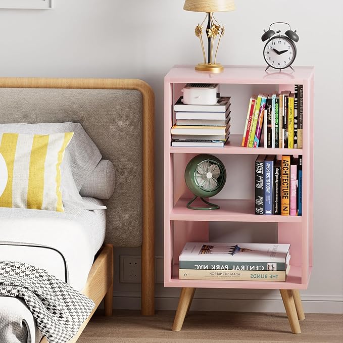Aenuert Night Stand, Pink Nightstand, Modern End Table with Open Storage, 3-Tier Wooden Bedside Table for Small Space, Living Room, Bedroom