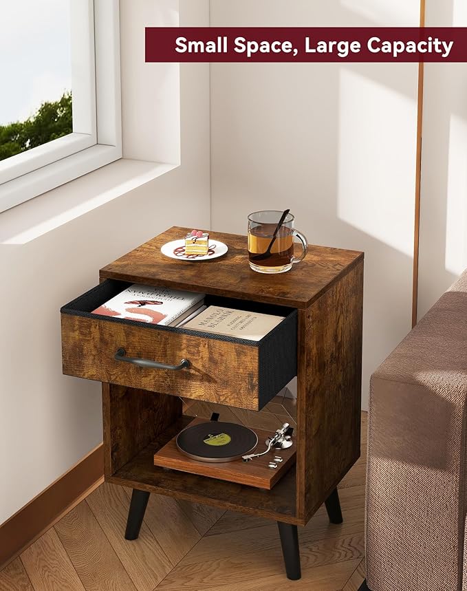 YMYNY Nightstand Set of 2, Bedside Table, Side Table with Fabric Drawer, Handle and Open Compartment, Solid Wood Legs, Wooden Coffee Table for Bedroom, Rustic Brown UHST020H-2