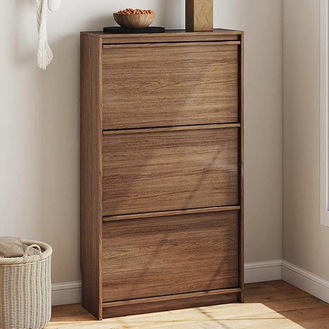 Shoe Cabinet with 3 Flip Drawers, 23.62" W Narrow Shoe Storage Cabinet for Entryway, Slim Shoe Organizer with Adjustable Shelves, Freestanding Shoe Rack for Hallway, Living Room, Walnut