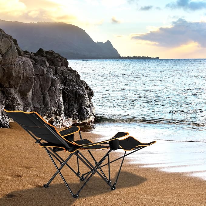 Giantex Hammock Camping Chair, Folding Chairs for Outside, Foldable Chair with Footrest, Adjustable Backrest, Padded Cushion, Carry Bag, Cup Holder, Collapsible Chair for Backpacking, Beach (2, Black)