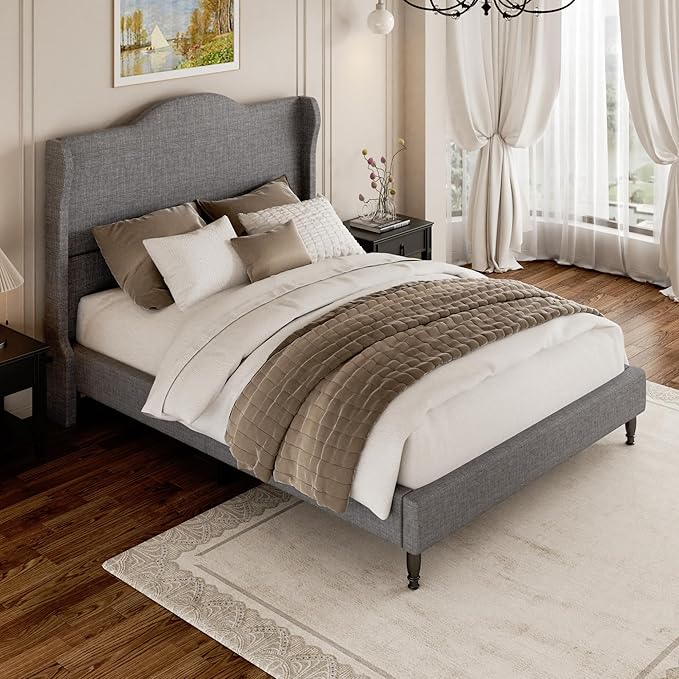 Full Size Bed Frame Upholstered Platform Bed with Tall Arched Wingback Headboard, Sturdy Wooden Slat Support, Easy Assembly No Box Spring Required, Soft Fabric Bed for Bedroom, Light Grey