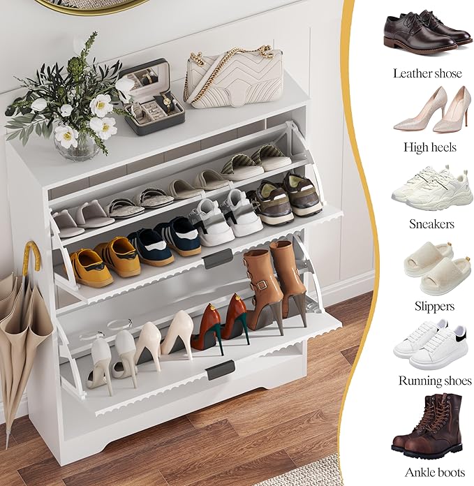 HUANLEGO Shoe Cabinet Storage for Entryway with 2 Flip Drawers, White Fluted Shoe Cabinet with Open Storage, Wooden Hidden Shoe Rack Freestanding Narrow Slim Shoes Organizer for Hallway, Entrance